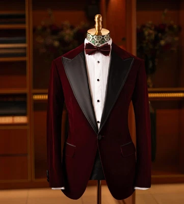 Burgundy Velvet Men Suit Peak Lapel Evening Party Dinner Host Wedding Groom 2Pcs - Image 1 of 4