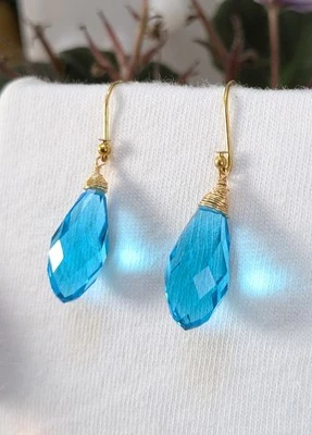 Sky Blue Topaz Quartz Gold Earrings Handmade Fine Jewelry Dangle Drop Faceted - Image 1 of 4