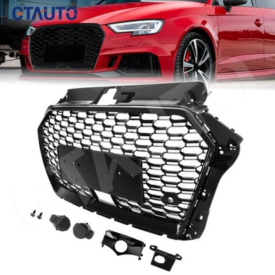 Front Bumper Grille Set w/ACC Holes for 2017-2020 Audi A3 RS3 Style Glossy Black Foto 1 de 4