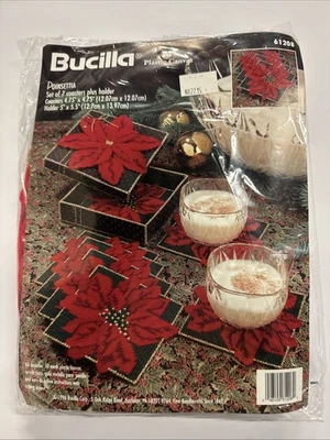 Vintage Bucilla Cross Stitch Christmas Poinsettia Set of 7 Coasters Plus Holder  - Image 1 of 4