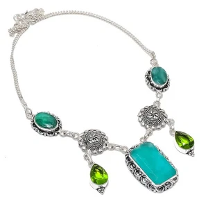 Emerald(Simulated), Peridot Gemstone 925 Sterling Silver Necklace 18" D959 - Picture 1 of 3