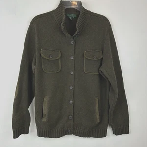 Vintage Ralph Lauren Cardigan Sweater Womens 2X Olive Green Elbow Patches Preppy - Picture 1 of 9