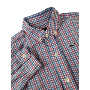 Vineyard Vines Whale Shirt Plaid Button Down Long Sleeve Red Blue Check Boys 4T - Picture 1 of 4