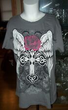 Mix & Co 1X Graphic Tee Gray Embellished Cross Rose Wings Biker T-shirt