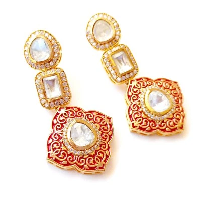 Bollywood Jhumka Dangle Earrings Indian Ethnic Kundan Polki Pink CZ Drop Jewelry - Image 1 of 4