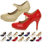 Womens ladies medium high heel mary jane strap platform court shoes pumps size