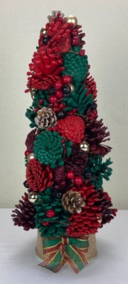 Pinecone Topiary Tree 20" Table Decoration Handmade Red Green Gold NEW - Image 1 of 4