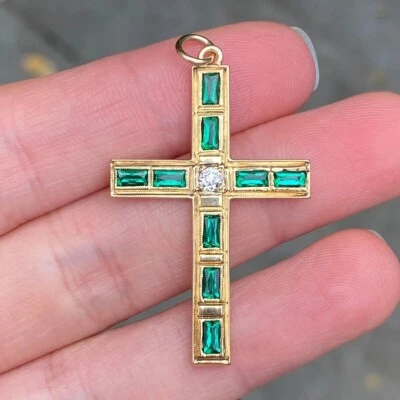 14K Yellow Gold Plated Baguette Cut Lab-Created Emerald Cross Women Pendant - Image 1 of 4