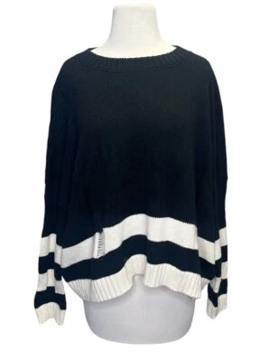 Suéter de Rugby PLANET by LAUREN G Negro Marfil Rayas Algodón OS Distress Lagenlook Foto 1 de 4