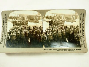 Ready for Abandon Ship Drill U.S.Soldiers With life Belts Keystone Stereoview - Picture 1 of 5