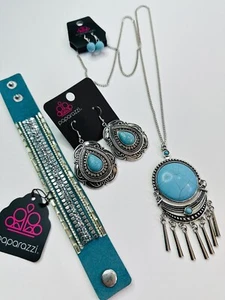 Paparazzi Jewelry Set Necklace 2 Earrings Bracelet Silver Blue Gypsy Western - Picture 1 of 20