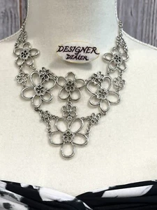Brighton Floral Crystal Bib Necklace Silver VGC! - Picture 1 of 10