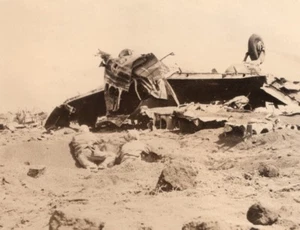 WWII Marine Corps Firing at Japs Snipers in Wrecked Plane Japan Old Photo 1945 - Picture 1 of 4
