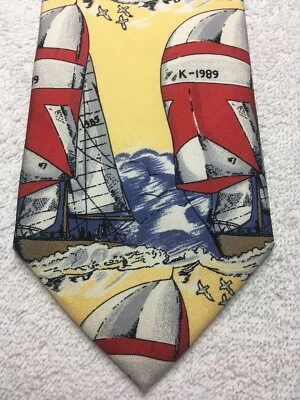 LANDS END MENS TIE YELLOW WITH RED WHITE SAIL BOATS 3.5 X 58 NWOT - Image 1 of 4