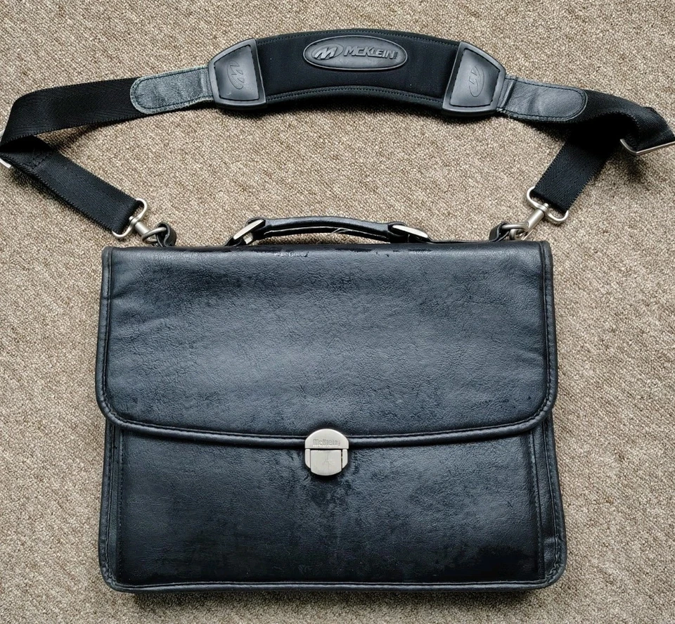 McKleinUSA Black Leather Shoulder Strap Briefcase Document Business Travel 16x12 - Image 1 of 4