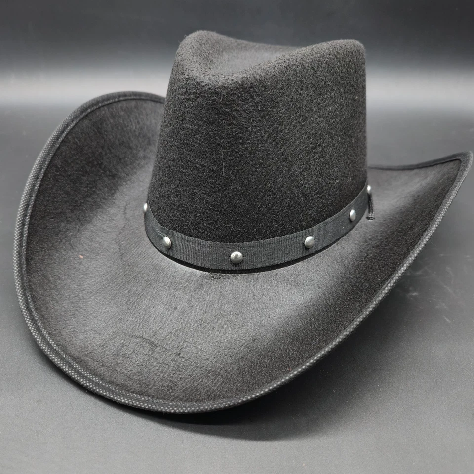 Sombrero de Vaquero Negro Imitación Gamuza Corona Alta Pellizcado Frontal Remache Banda Disfraz Sombrero Foto 1 de 4