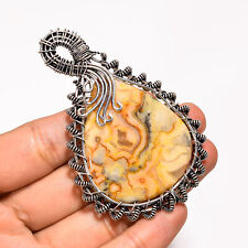 Yellow Crazy Lace Agate 925 Sterling Silver Wire Wrapped Pendant 3" GSR-3402