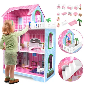 Holz Puppenhaus Puppenstube Kinder Puppenvilla Spielzeughaus Möbel Zubehör 100cm - Bild 1 von 12