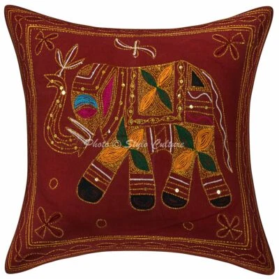 Decorative Cotton Elephant 16x16 Gold Thread Embroidered Throw Pillow Cover - Image 1 of 3