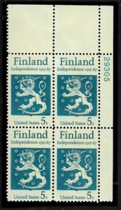 FINNISH INDEPENDENCE US #1334 COAT OF ARMS 50 YR COMMEM MXF 5c STAMP PLATE BLOCK - Picture 1 of 2