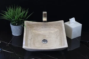 Travertine Square Vessel Bathroom Sink, Polished Limestone, Small Beige Sinks - Picture 1 of 7