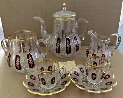 Gorgeous MOSER BOHEMIAN Glass Tea Coffee Set Ruby Cut Clear Demitasse Cup Pot - Image 1 of 4