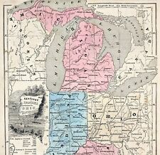 1849 Michigan Upper Peninsula Map Great Lakes Ohio Kentucky Indiana Mackinaw