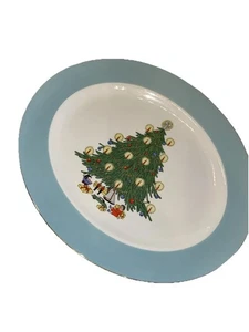 Vintage Weihnachtsbaum Oval Servierplatte 13,5" Aqua Rand MCM - Bild 1 von 8