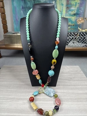 Artisan Mixed Beads Necklace Boho Gemstone Turquoise Howlite Jasper Agate Glass - Image 1 of 4