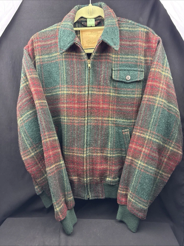 Chaqueta de bombardero deportiva Polo RL Sportsman 100 % lana a cuadros años 90 EE. UU. Mujer XL vintage Foto 1 de 4