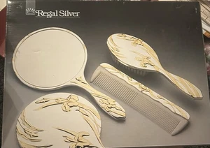 Vintage Regal Silver & 24K Gold Plated "Iris" 3pc. Dresser Set In Original Box - Picture 1 of 2