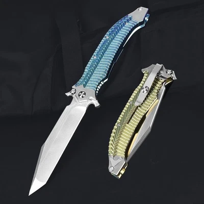 Blue Anodized Titanium Handle Sword Flipper Tactical Pocket Knife Folding Knives - Image 1 of 4