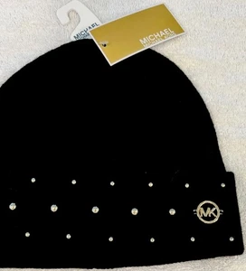 $68 MICHAEL Michael Kors GOLD Studded Black Knit Beanie Women's One Size - HTF - Picture 1 of 6