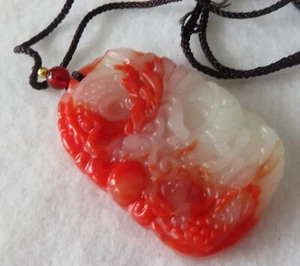 Necklace & Pendant Red & White Stone Carved Cord Chain 31 G Asian ? - Picture 1 of 17
