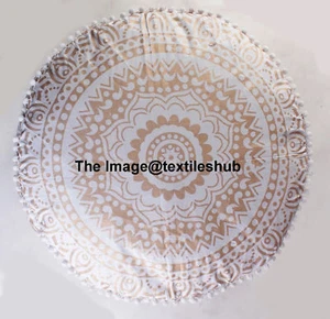 INDIAN WHITE GOLD OMBRE MANDALA OTTOMAN POUFFE FOOT STOOL POUF ROUND FLOOR POUF - Picture 1 of 2
