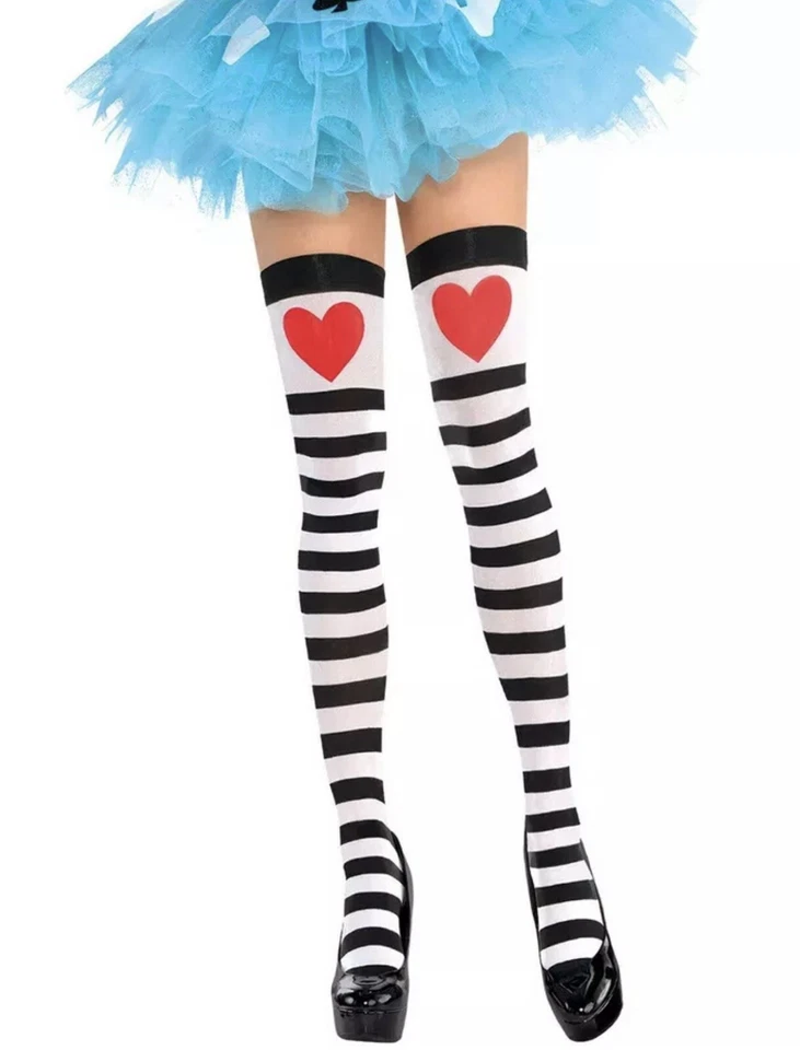 Ladies Queen Hearts Stockings Stripes Knee High Costume Accessory Tights