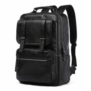 US Men Leather School College Backpack Black Waterproof Laptop Travel Bag BF - Picture 1 of 28