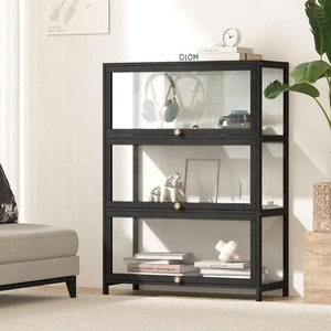 3 Tier Display Cabinet Shelves with Clear Doors Storage Shelving Furniture Black - Picture 1 of 8