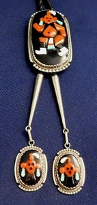 ZUNI BEV ETSATE STERLING MULTI STONE Inlay HANDMADE Vintage MUD MEN BOLO TIE - Picture 1 of 6