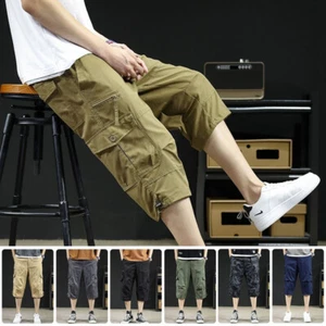 Mens 3/4 Shorts Elasticated Waist Long Length Cargo Combat Three Quarter Pants - Picture 1 of 19