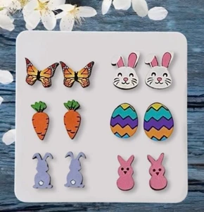 Easter Earrings 6 Pairs Stud Delicate Dainty Colorful Bunny Egg Carrot Butterfly - Picture 1 of 15