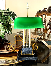 Vintage Bankers Desk Lamp Green Glass Shade Black Marble Base & Brass Office Den