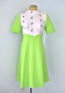 Vtg 60s 70s Mod Lime Green Fit Flare Dress Empire Waist Embroidered Grapes S - Picture 1 of 5