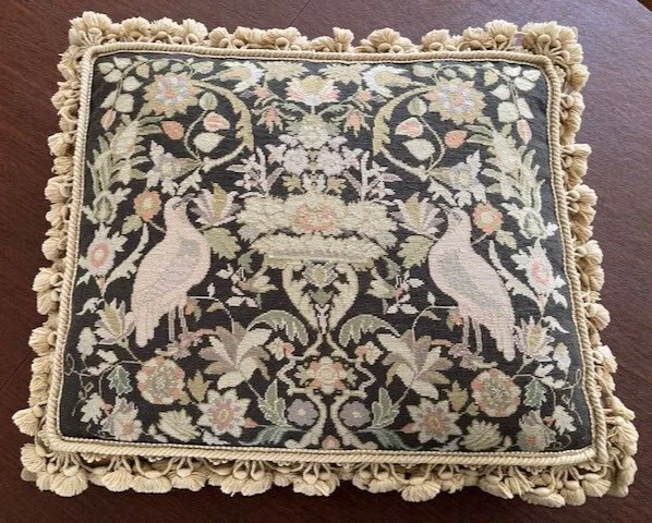 PETIT POINT PILLOW, 24” X 20” WILLIAM MORRIS CUSHION BLK W/CREAM BIRDS & FLORAL - Image 1 of 4