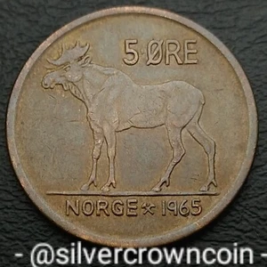 Norway ๐ณ๐ด 5 Ore 1965. KM#405. Bronze Five Cents coin. Moose. Olav V. Animals. - Picture 1 of 7
