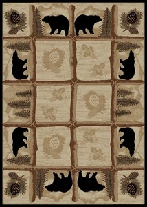 Toccoa Round Oval Runner Area Rug Lodge Cabin Bear Pine Cone Beige Black Set - Picture 1 of 9