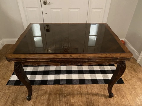 Antique French Louis XV Style Draw Leaf Dining Table With Glass Top And Chair Cover
