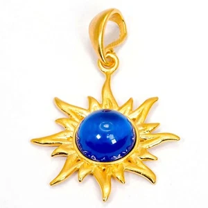 925 Solid Gold Plated Sterling Silver Blue Amber Flaming Sun Beautiful Pendant - Picture 1 of 5