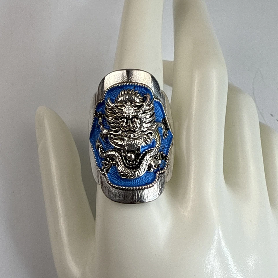 Classic Dragon Chunky Statement Ring 1.5” Silver PLATED Size 11.5 - Image 1 of 4