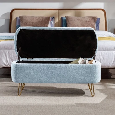 Blue Storage Ottoman Bench Gold Legs Modern Grey Faux Fur Upholstered Padded - Image 1 of 4
